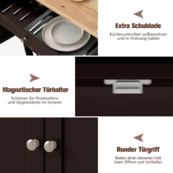 Küchenwagen mit Schubladen & 3-stöckigem Weinregal & Arbeitsplatte Servierwagen Braun