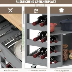 Küchenwagen mit Schubladen & 3-stöckigem Weinregal & Arbeitsplatte Servierwagen Grau