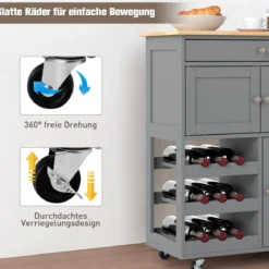 Küchenwagen mit Schubladen & 3-stöckigem Weinregal & Arbeitsplatte Servierwagen Grau