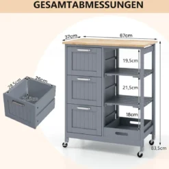 Küchenwagen mit Tablett & Regalen & 3 Großen Schubladen Rollbarer Küchenschrank