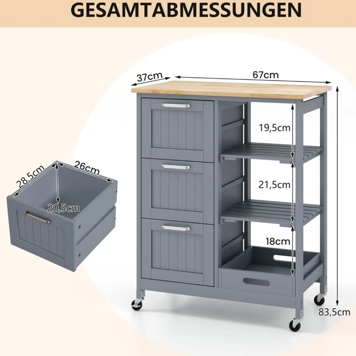 Küchenwagen mit Tablett & Regalen & 3 Großen Schubladen Rollbarer Küchenschrank