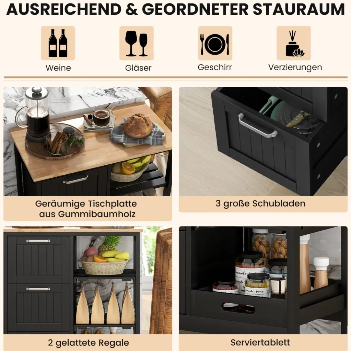 Küchenwagen mit Tablett & Regalen & 3 Großen Schubladen Rollbarer Küchenschrank