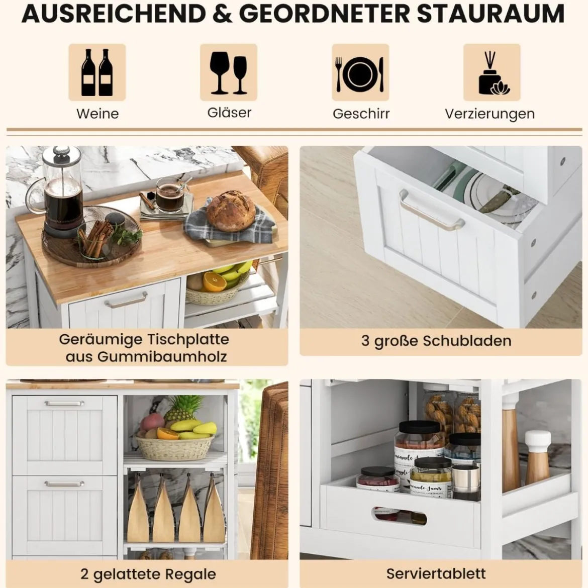 Küchenwagen mit Tablett & Regalen & 3 Großen Schubladen Rollbarer Küchenschrank