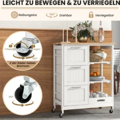 Küchenwagen mit Tablett & Regalen & 3 Großen Schubladen Rollbarer Küchenschrank