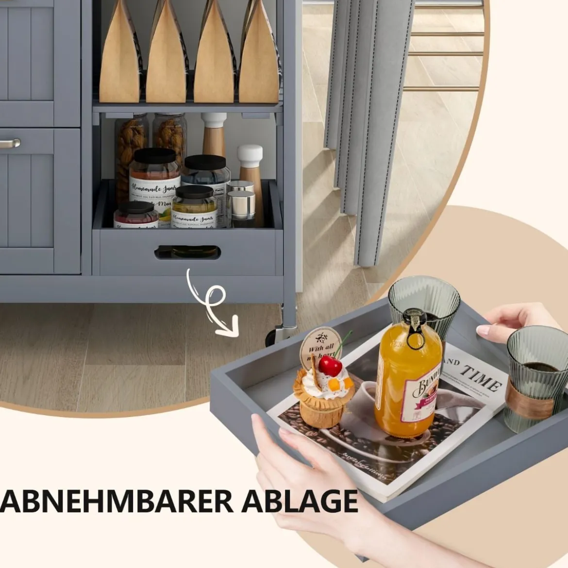 Küchenwagen mit Tablett & Regalen & 3 Großen Schubladen Rollbarer Küchenschrank