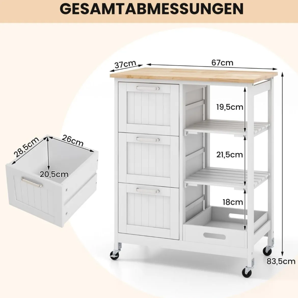 Küchenwagen mit Tablett & Regalen & 3 Großen Schubladen Rollbarer Küchenschrank