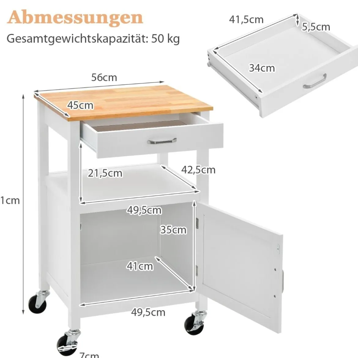 Küchenwagen Rollende Kücheninsel mit Gummiholzplatte 56 x 45 x 91 cm Weiß