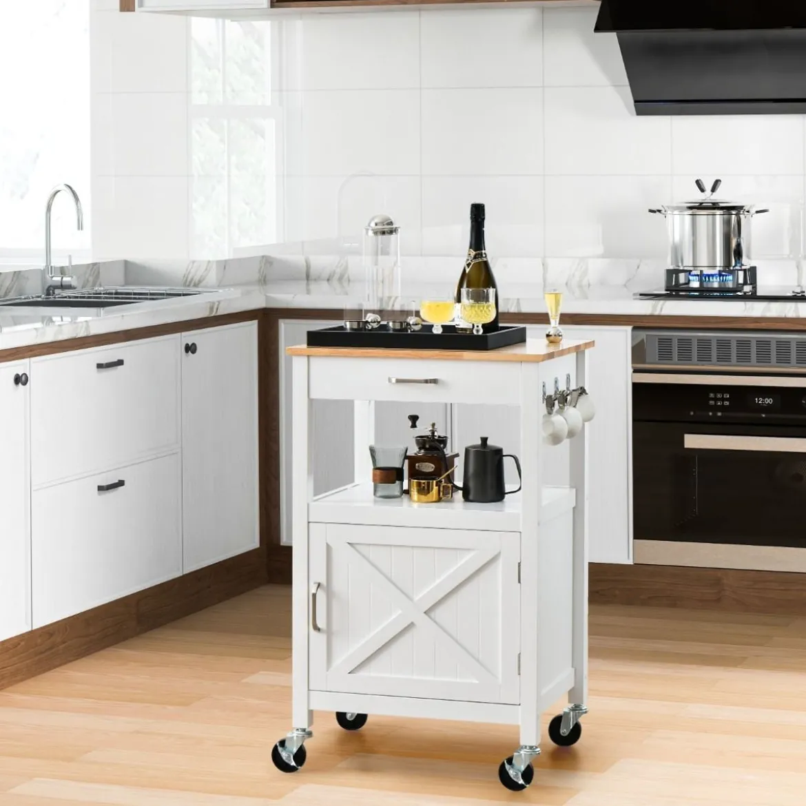 Küchenwagen Rollende Kücheninsel mit Gummiholzplatte 56 x 45 x 91 cm Weiß