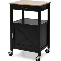 Küchenwagen Rollende Kücheninsel mit Gummiholzplatte 56 x 45 x 91 cm Schwarz