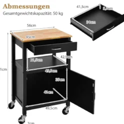 Küchenwagen Rollende Kücheninsel mit Gummiholzplatte 56 x 45 x 91 cm Schwarz