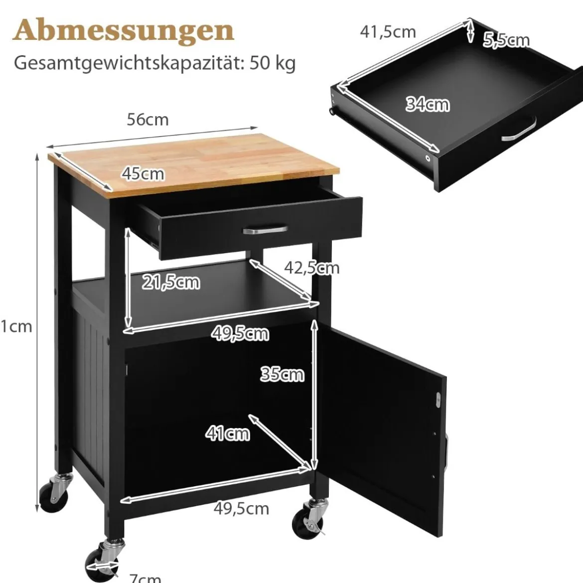 Küchenwagen Rollende Kücheninsel mit Gummiholzplatte 56 x 45 x 91 cm Schwarz