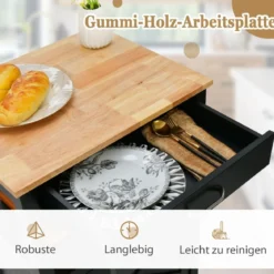 Küchenwagen Rollende Kücheninsel mit Gummiholzplatte 56 x 45 x 91 cm Schwarz
