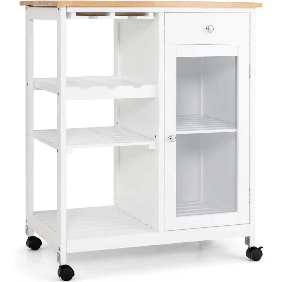 Küchenwagen Rollende Kücheninsel mit Gummiholzplatte Küchenwagen mit Weinregal 70 x 45 x 86 cm Weiß