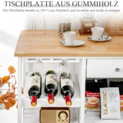 Küchenwagen Rollende Kücheninsel mit Gummiholzplatte Küchenwagen mit Weinregal 70 x 45 x 86 cm Weiß