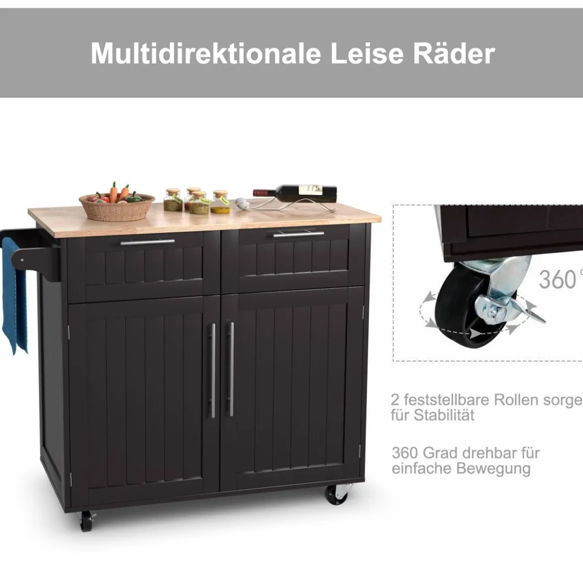 Küchenwagen Rollender Servierwagen mit Schubladen und Schränken 94 x 45,5 x 94,5 cm Kaffee