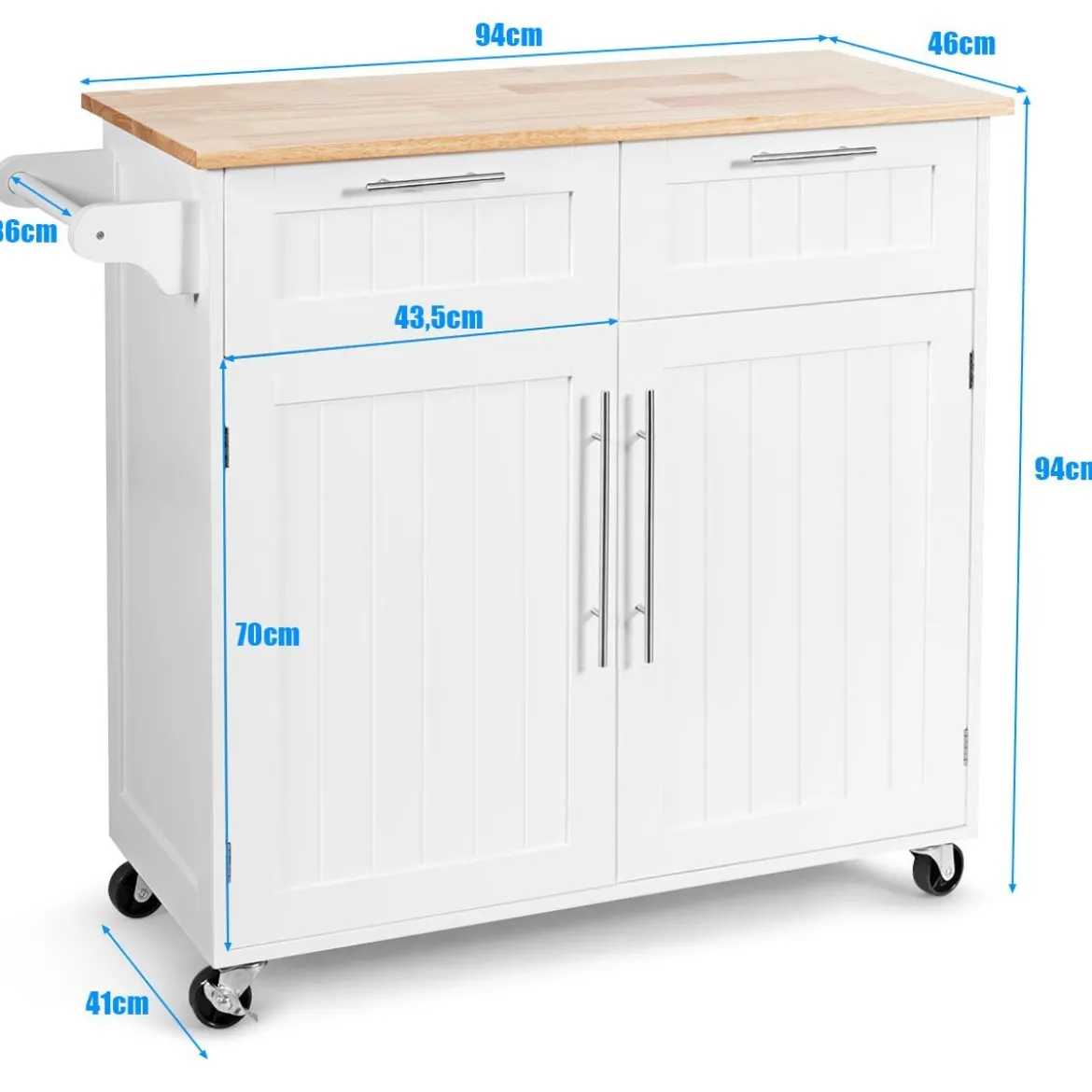 Küchenwagen Rollender Servierwagen mit Schubladen und Schränken 94 x 45,5 x 94,5 cm Weiß