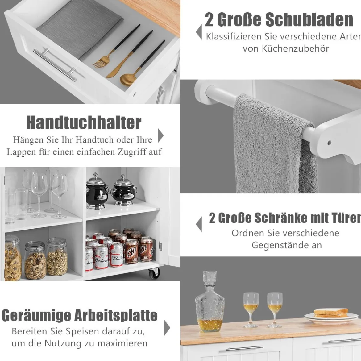 Küchenwagen Rollender Servierwagen mit Schubladen und Schränken 94 x 45,5 x 94,5 cm Weiß