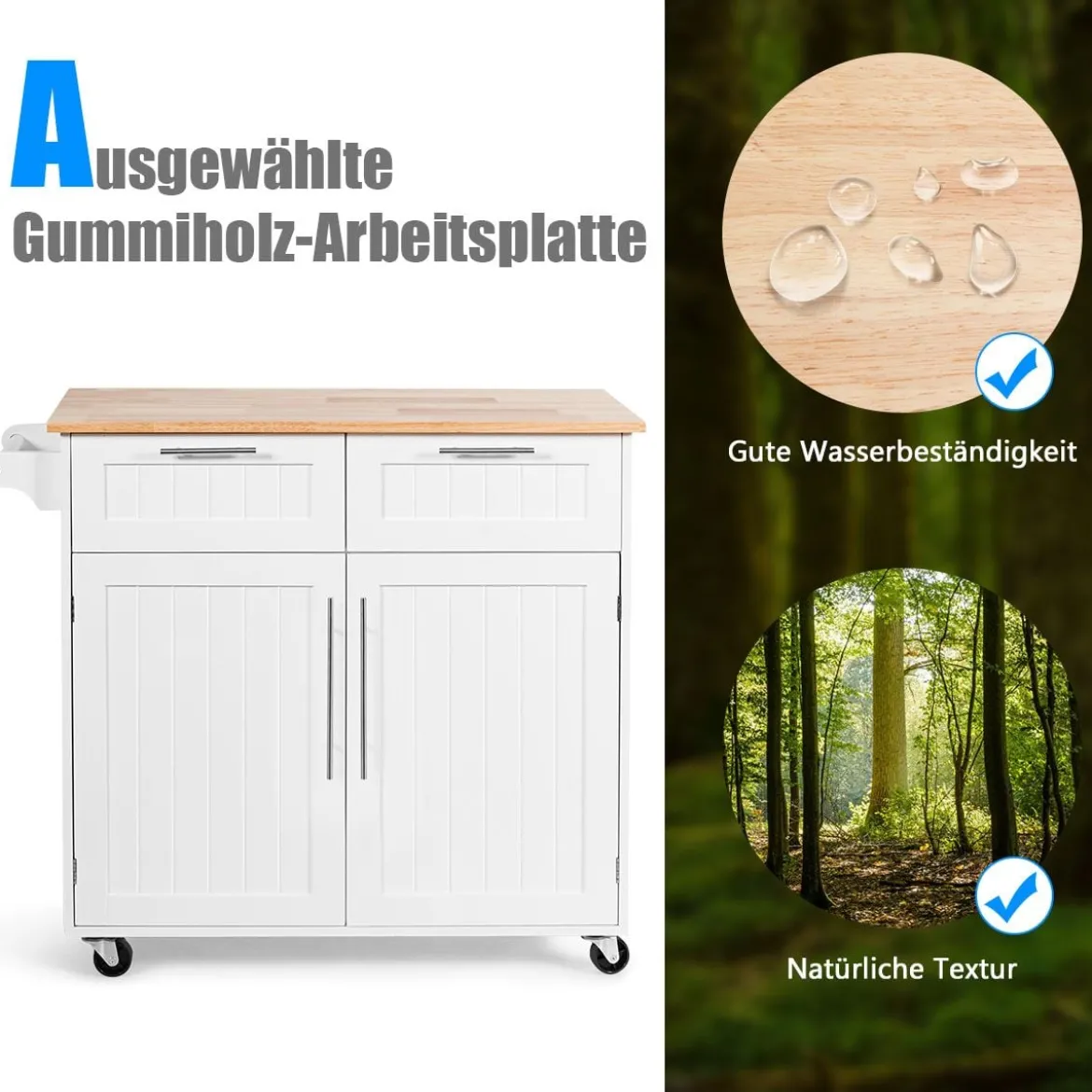 Küchenwagen Rollender Servierwagen mit Schubladen und Schränken 94 x 45,5 x 94,5 cm Weiß
