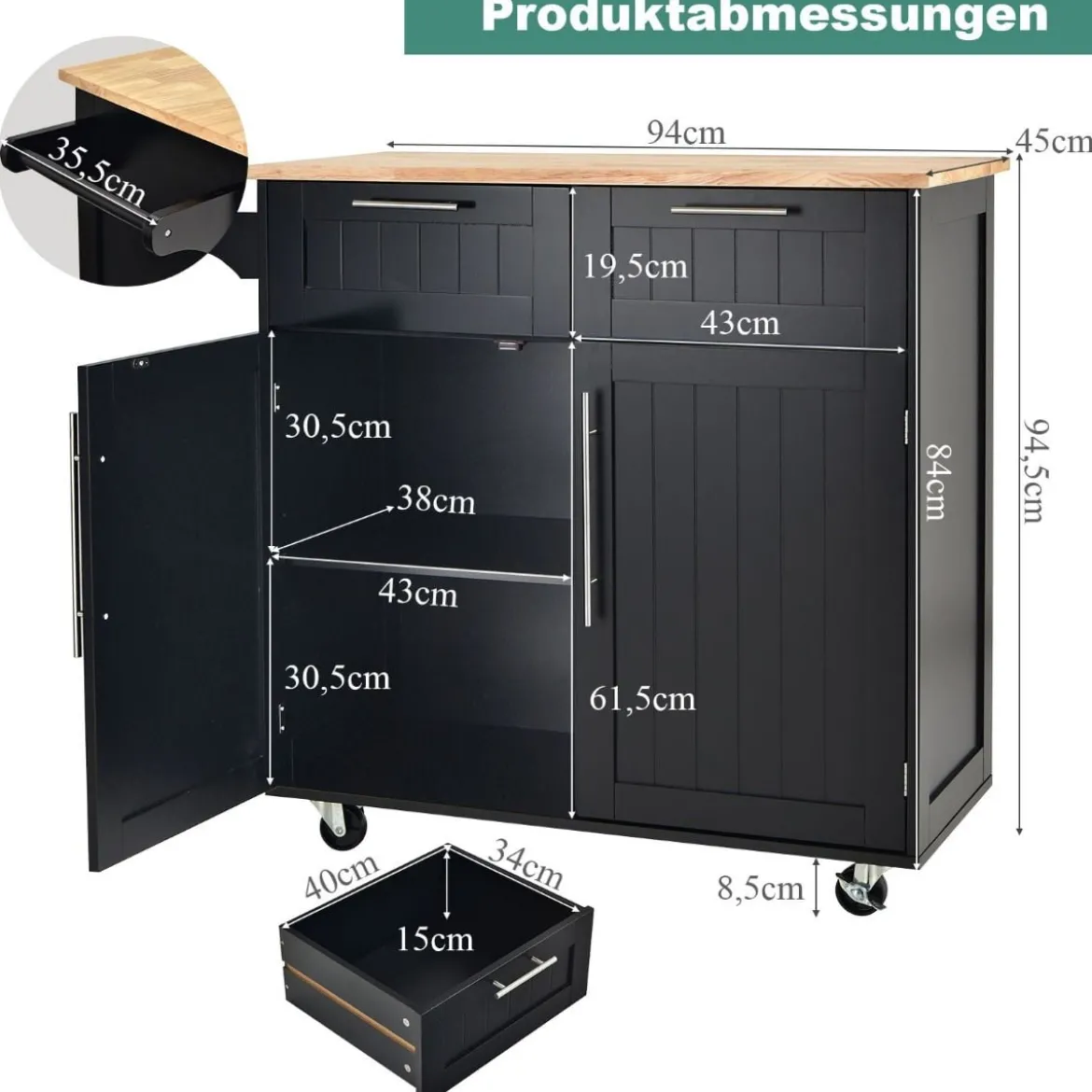 Küchenwagen Rollender Servierwagen mit Schubladen und Schränken 94 x 45,5 x 94,5 cm Schwarz