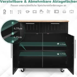 Küchenwagen Rollender Servierwagen mit Schubladen und Schränken 94 x 45,5 x 94,5 cm Schwarz
