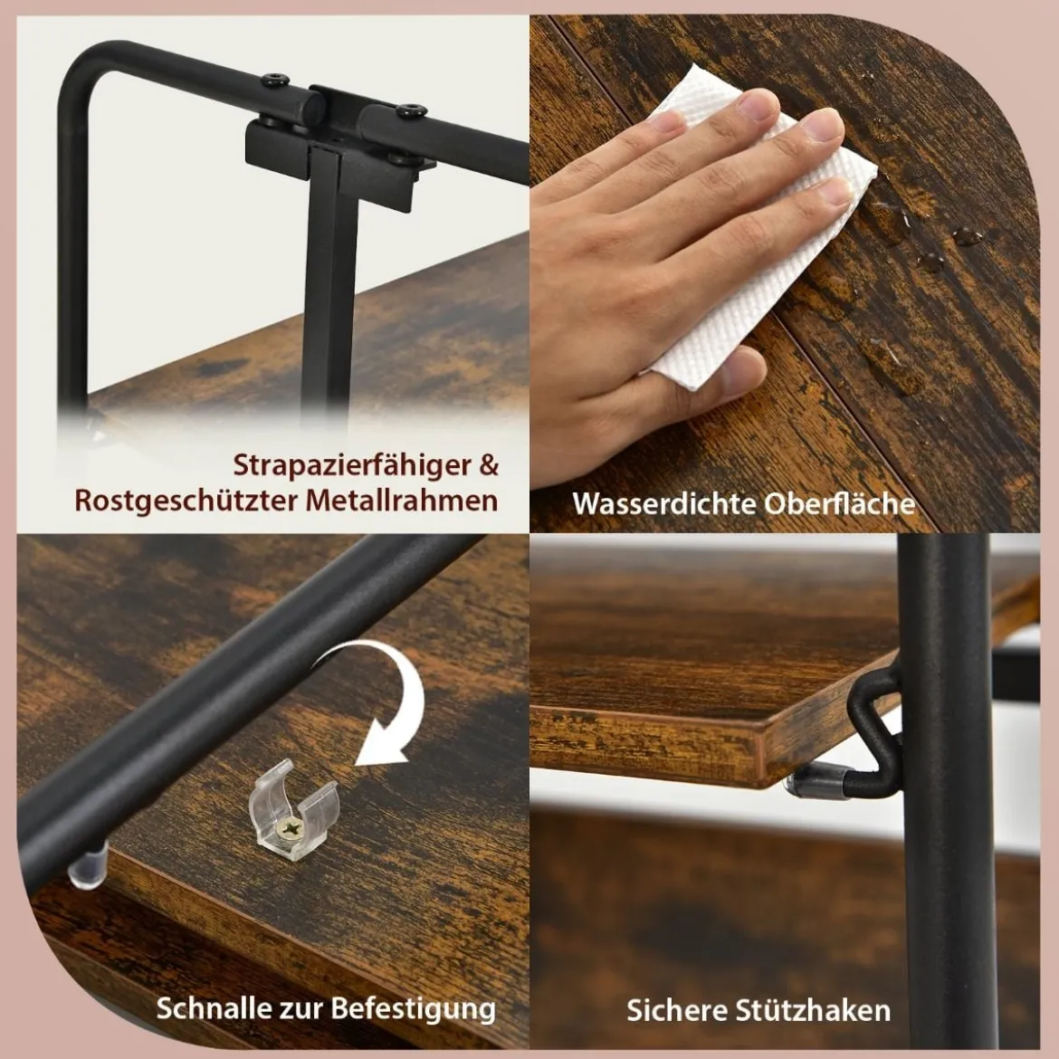 Küchenwagen 3-Stöckiger Zusammenklappbarer Rollwagen 66 x 40 x 100 cm Rustikales Braun