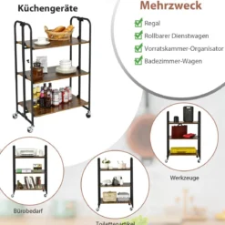 Küchenwagen 3-Stöckiger Zusammenklappbarer Rollwagen 66 x 40 x 100 cm Rustikales Braun