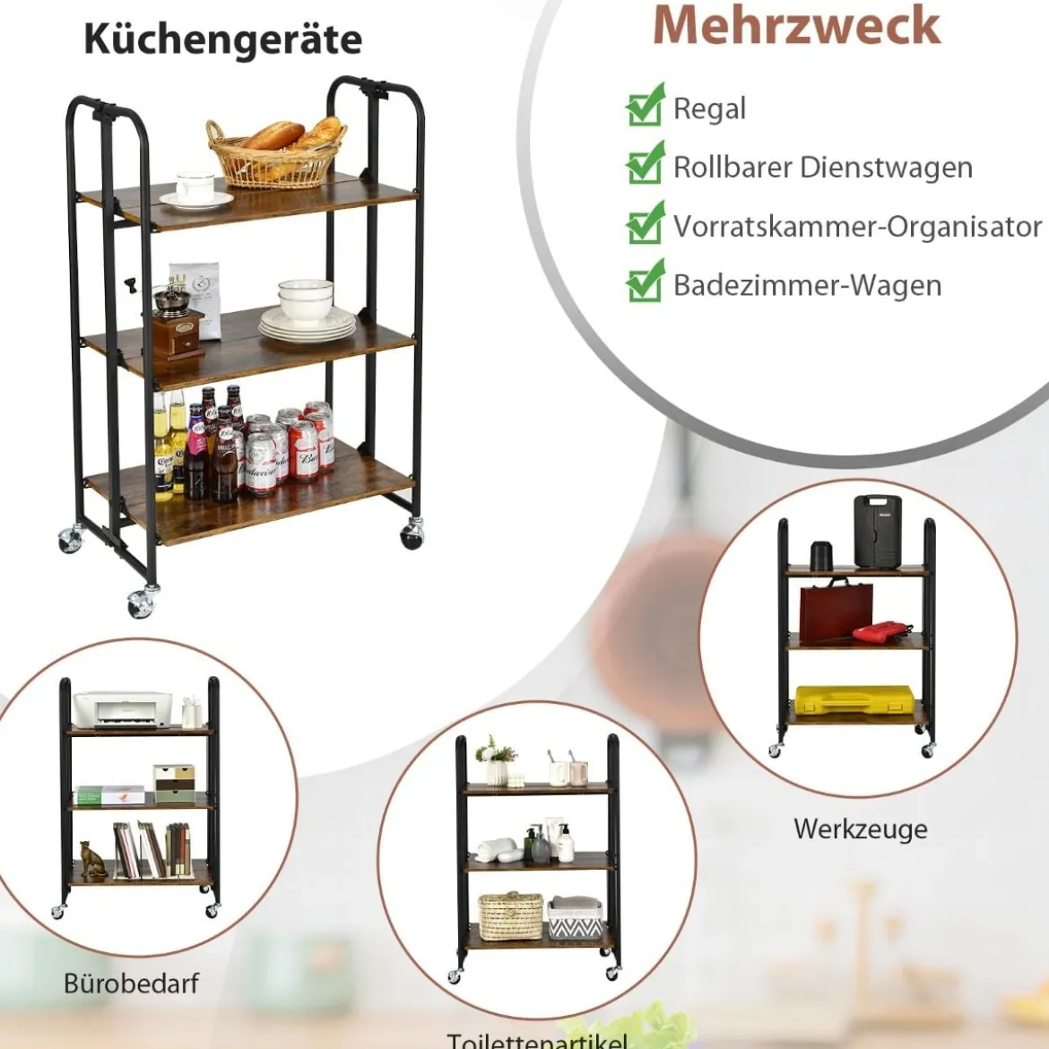 Küchenwagen 3-Stöckiger Zusammenklappbarer Rollwagen 66 x 40 x 100 cm Rustikales Braun