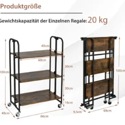Küchenwagen 3-Stöckiger Zusammenklappbarer Rollwagen 66 x 40 x 100 cm Rustikales Braun
