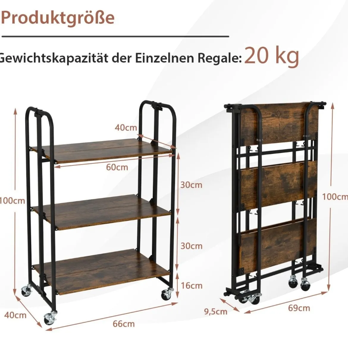 Küchenwagen 3-Stöckiger Zusammenklappbarer Rollwagen 66 x 40 x 100 cm Rustikales Braun