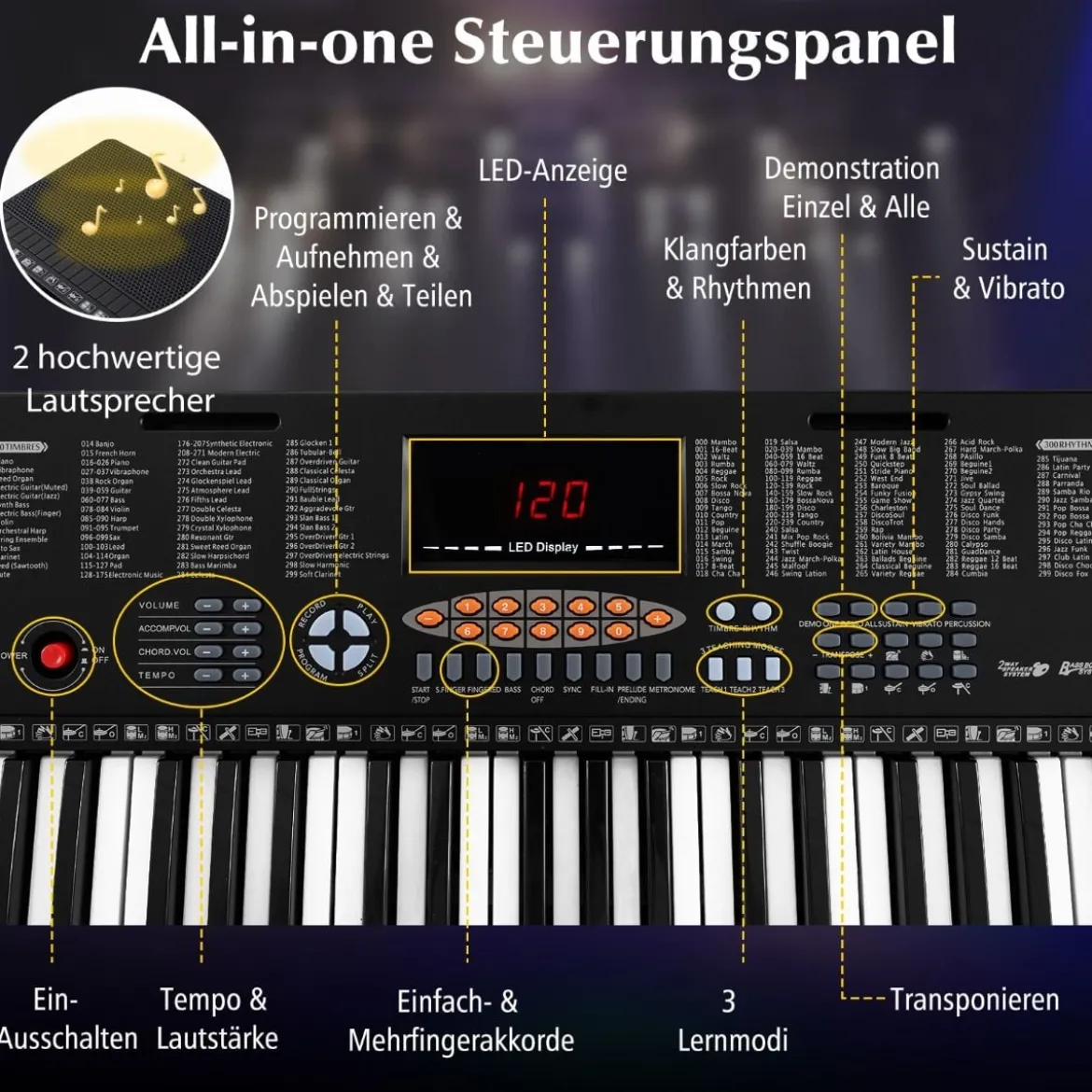 Keyboard Piano für Anfänger mit 61 Tasten Digitalpiano mit 300 Tönen