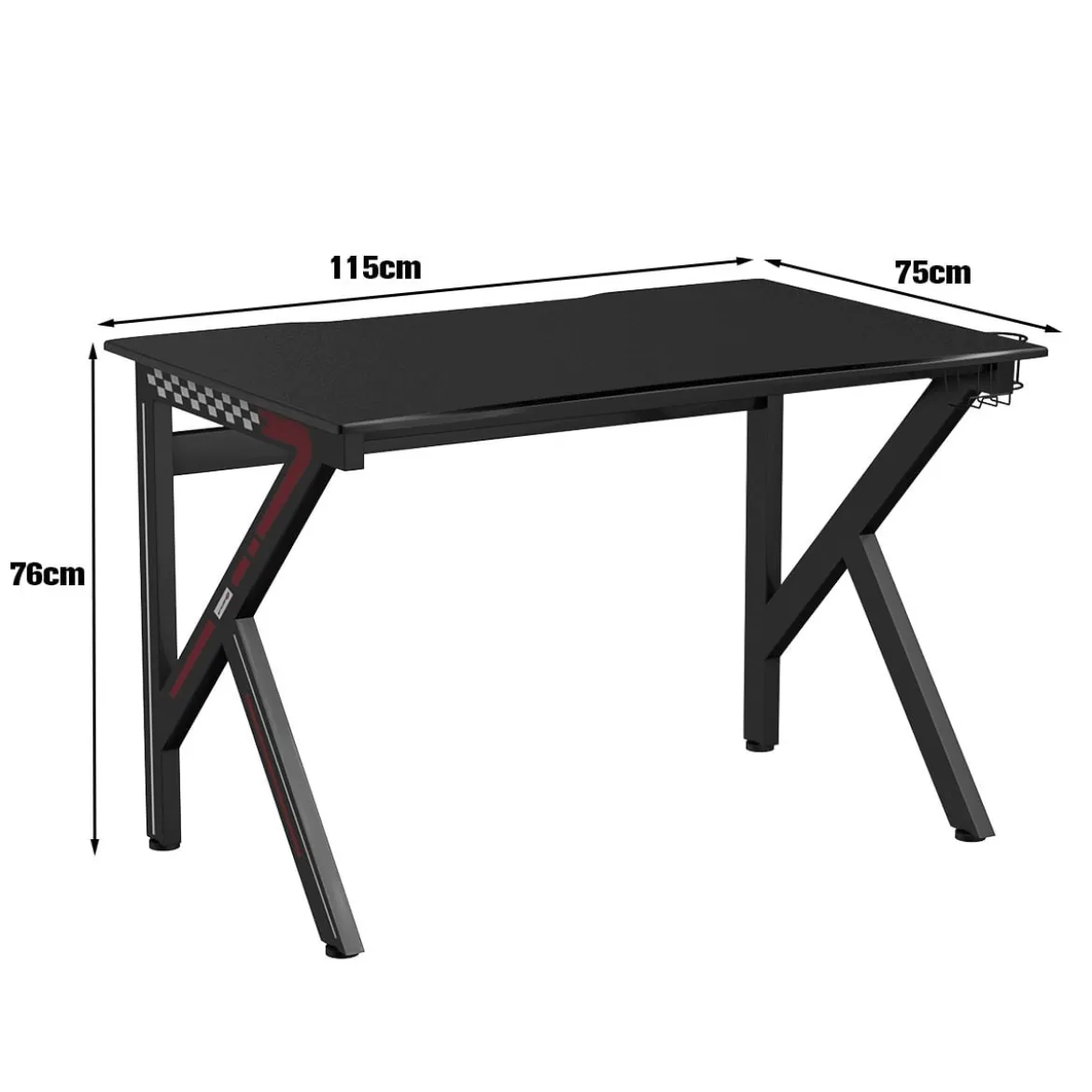 K-förmiger Gamingtisch mit Kopfhörerhaken Tassenhalter und Kabelmanagement ergonomischer Computertisch Schwarz