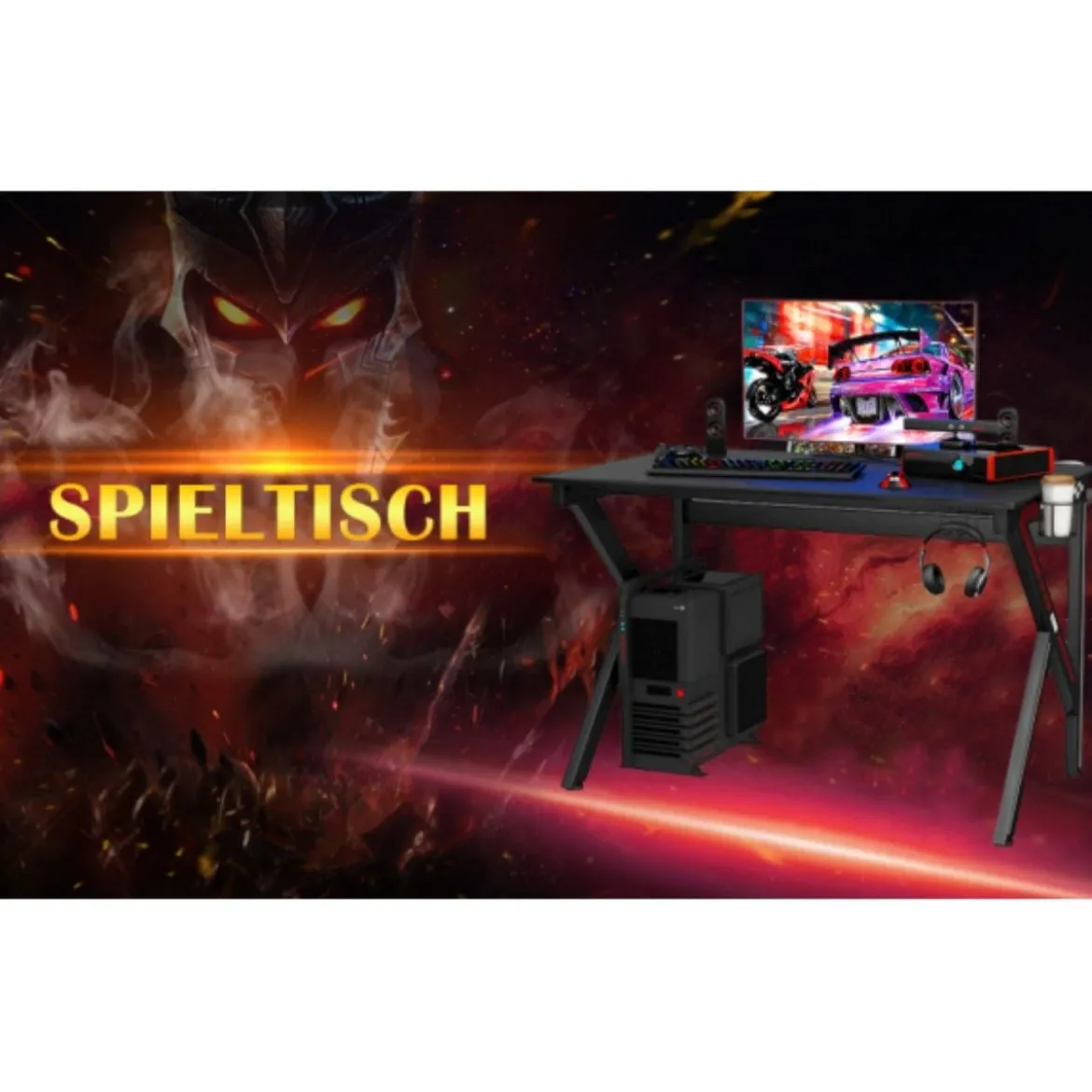 K-förmiger Gamingtisch mit Kopfhörerhaken Tassenhalter und Kabelmanagement ergonomischer Computertisch Schwarz