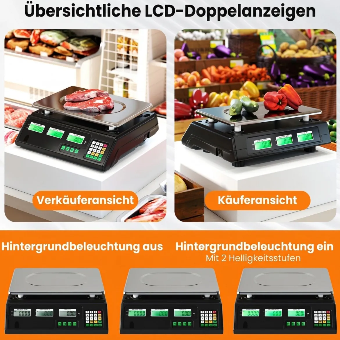 40 kg Digitale Ladenwaage Preisrechnende Lebensmittelwaage aus Edelstahl mit Beidseitigem LCD-Display