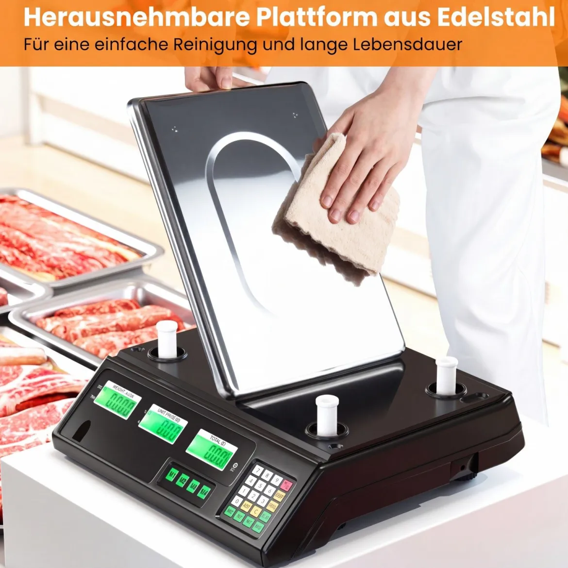 40 kg Digitale Ladenwaage Preisrechnende Lebensmittelwaage aus Edelstahl mit Beidseitigem LCD-Display