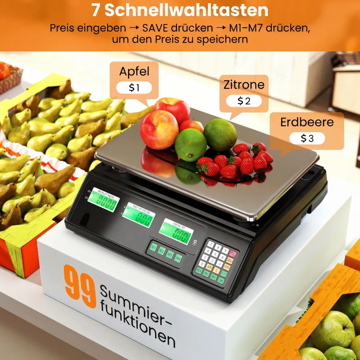 40 kg Digitale Ladenwaage Preisrechnende Lebensmittelwaage aus Edelstahl mit Beidseitigem LCD-Display