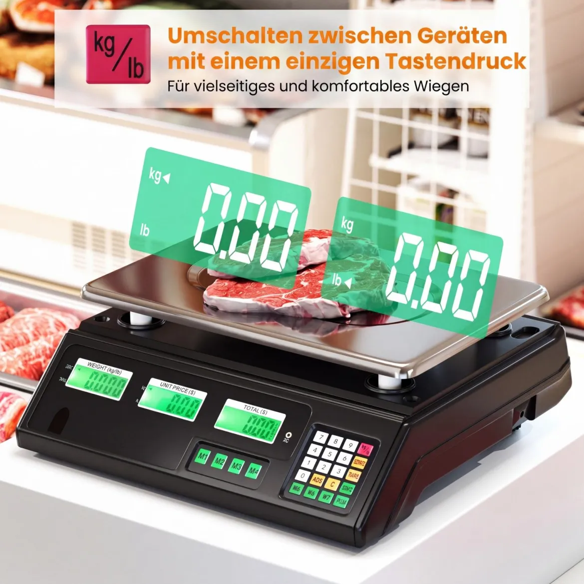40 kg Digitale Ladenwaage Preisrechnende Lebensmittelwaage aus Edelstahl mit Beidseitigem LCD-Display