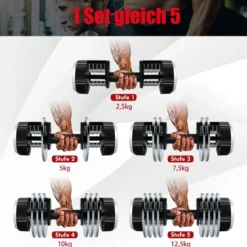 2,5 / 5 / 7,5 / 10 / 12,5 kg Kurzhantel mit Ständer und Gewichtsangabe Schwarz