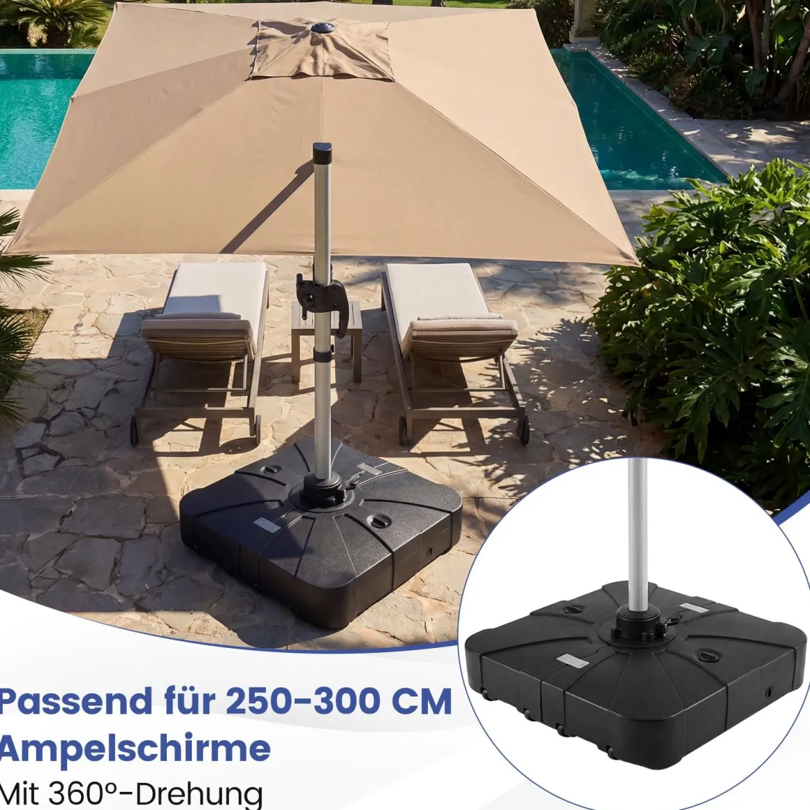 130 kg Sonnenschirmständer mit Rollen HDPE 84cm quadratisch füllbar für Garten Terrasse Poolbereich Schwarz