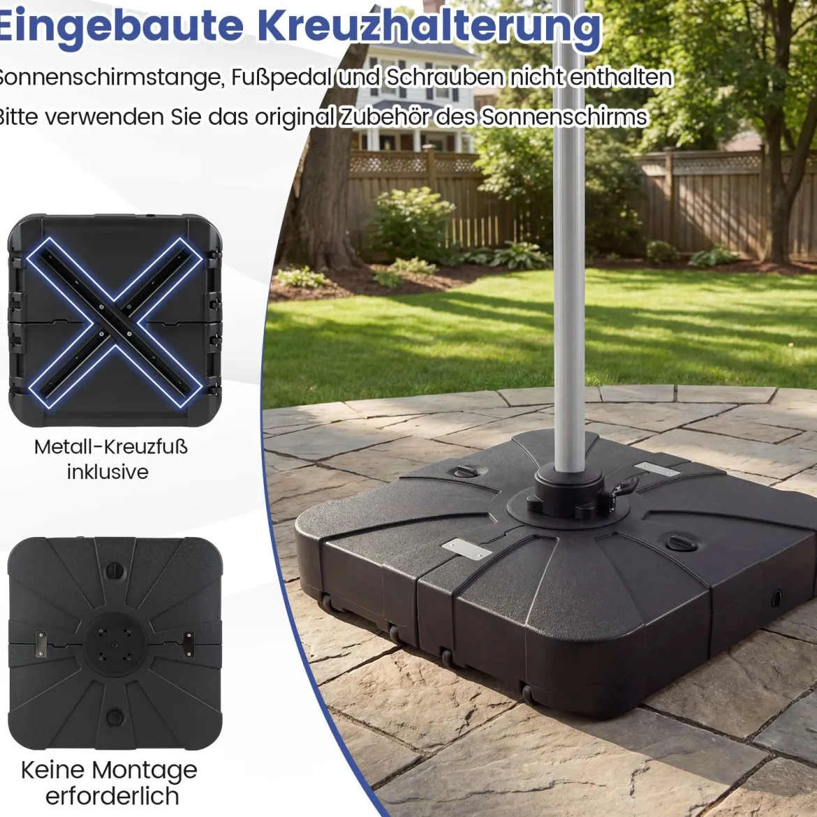 130 kg Sonnenschirmständer mit Rollen HDPE 84cm quadratisch füllbar für Garten Terrasse Poolbereich Schwarz