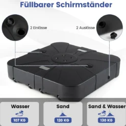 130 kg Sonnenschirmständer mit Rollen HDPE 84cm quadratisch füllbar für Garten Terrasse Poolbereich Schwarz