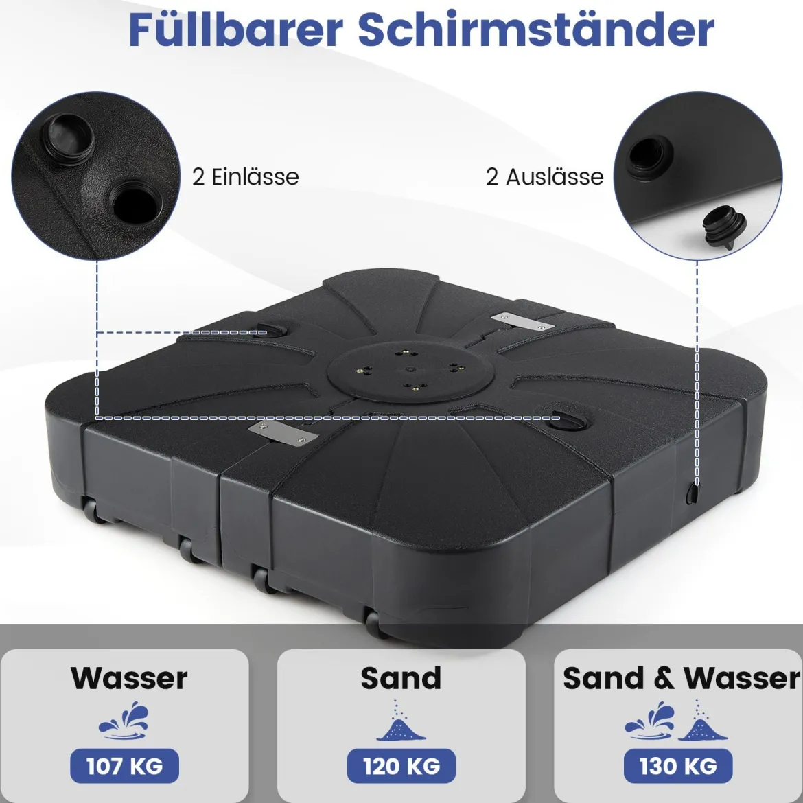 130 kg Sonnenschirmständer mit Rollen HDPE 84cm quadratisch füllbar für Garten Terrasse Poolbereich Schwarz