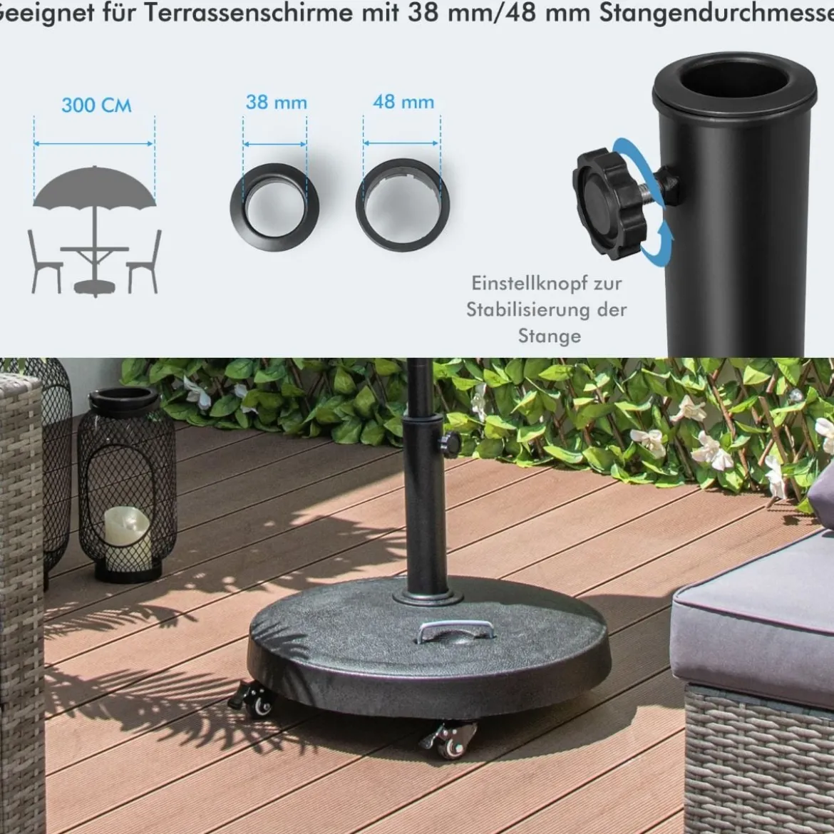 23 kg Sonnenschirmständer mit Rollen & Griffen Schirmständer für Schirmstangen von 38/48 mm Ø52 cm Marktschirmständer