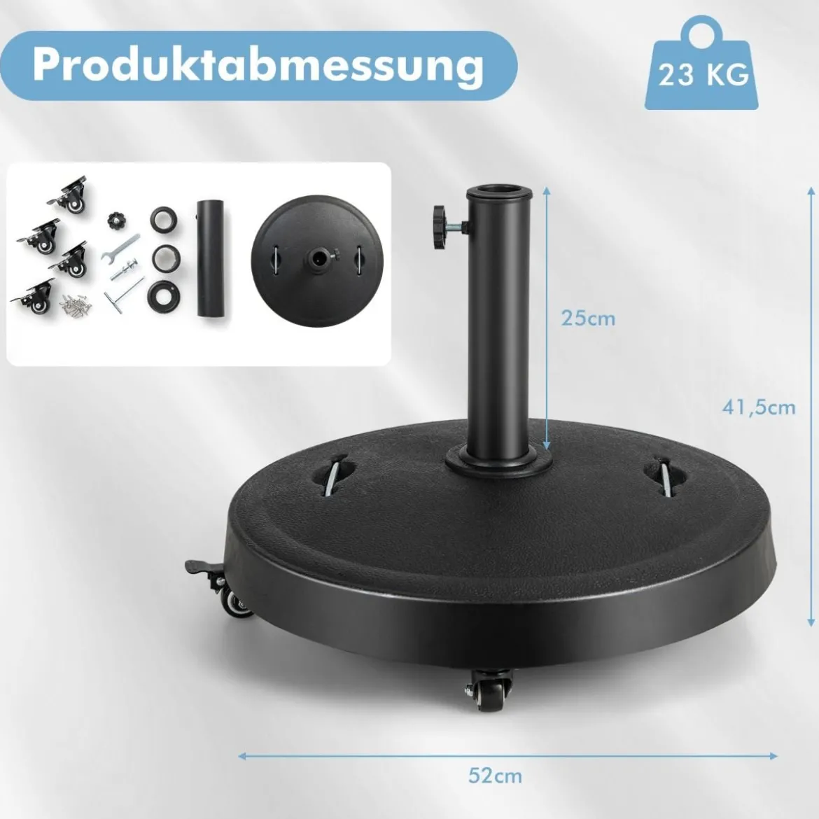 23 kg Sonnenschirmständer mit Rollen & Griffen Schirmständer für Schirmstangen von 38/48 mm Ø52 cm Marktschirmständer