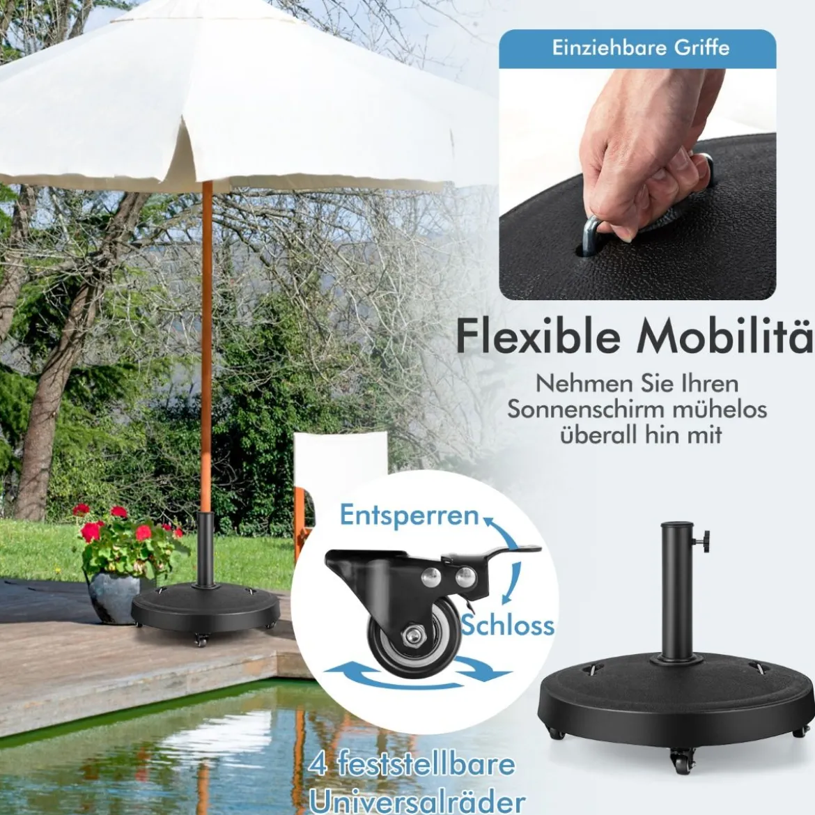 23 kg Sonnenschirmständer mit Rollen & Griffen Schirmständer für Schirmstangen von 38/48 mm Ø52 cm Marktschirmständer