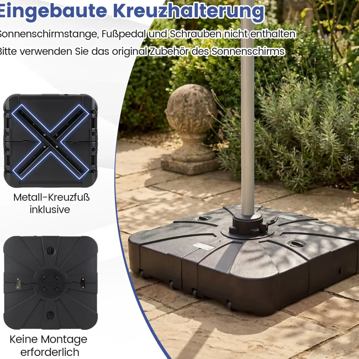 170 kg Sonnenschirmständer mit Rollen HDPE 88cm quadratisch füllbar für Garten Terrasse Poolbereich Schwarz