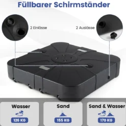 170 kg Sonnenschirmständer mit Rollen HDPE 88cm quadratisch füllbar für Garten Terrasse Poolbereich Schwarz