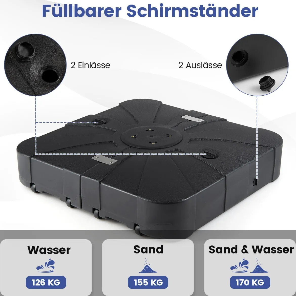 170 kg Sonnenschirmständer mit Rollen HDPE 88cm quadratisch füllbar für Garten Terrasse Poolbereich Schwarz