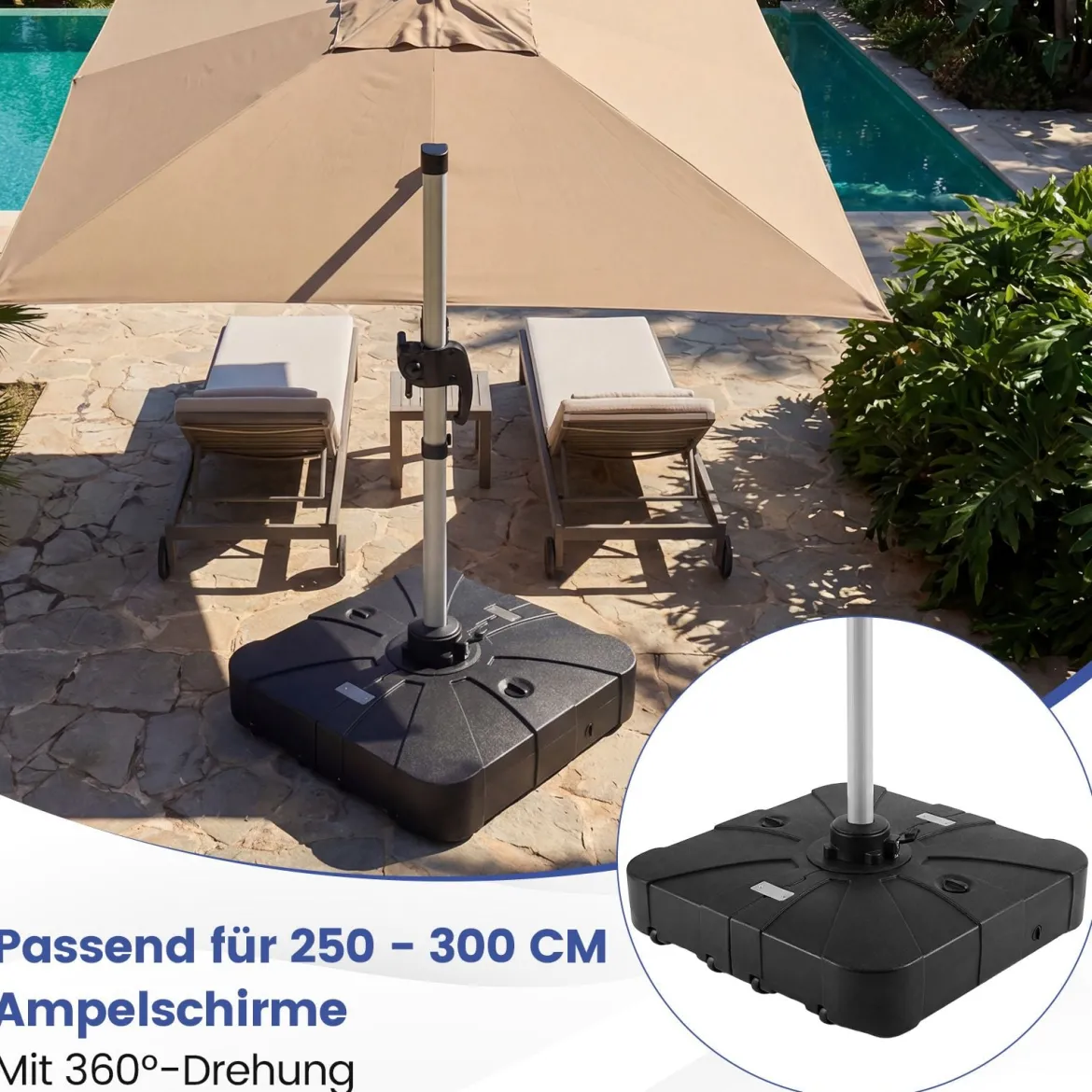 170 kg Sonnenschirmständer mit Rollen HDPE 88cm quadratisch füllbar für Garten Terrasse Poolbereich Schwarz