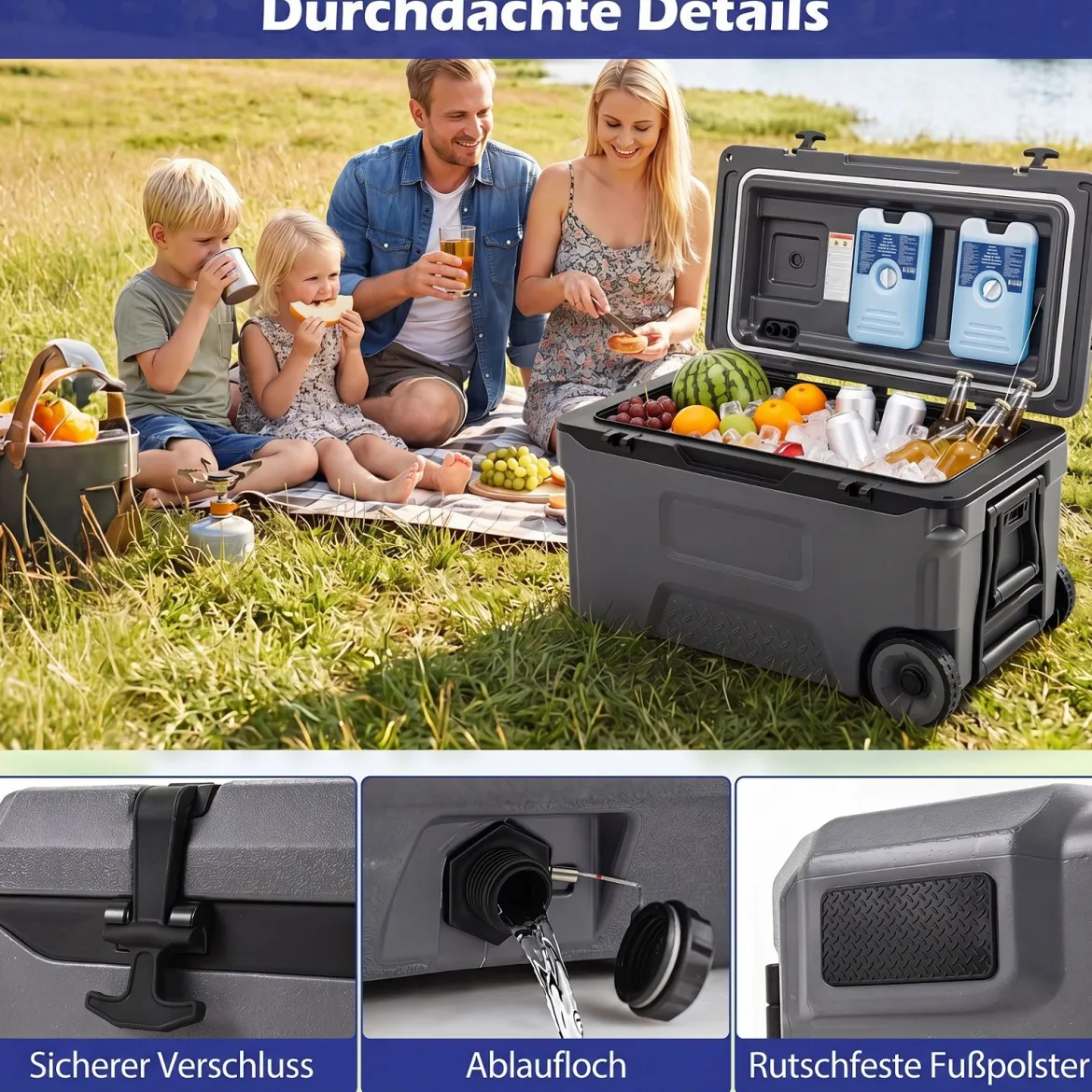 Kühlbox 50 L Große Thermobox aus Kunststoff mit Rollen & Griff Isolierbox mit Ablaufstopfen Grau/Weiß