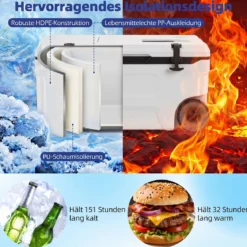 Kühlbox 50 L Große Thermobox aus Kunststoff mit Rollen & Griff Isolierbox mit Ablaufstopfen Grau/Weiß